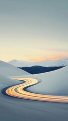 Winding road for snowy mountains, sunset.