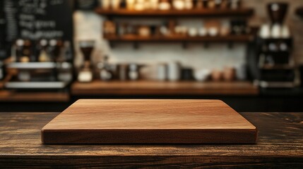 Empty Wooden Board on Table in Cafe Setting with Blurred Background