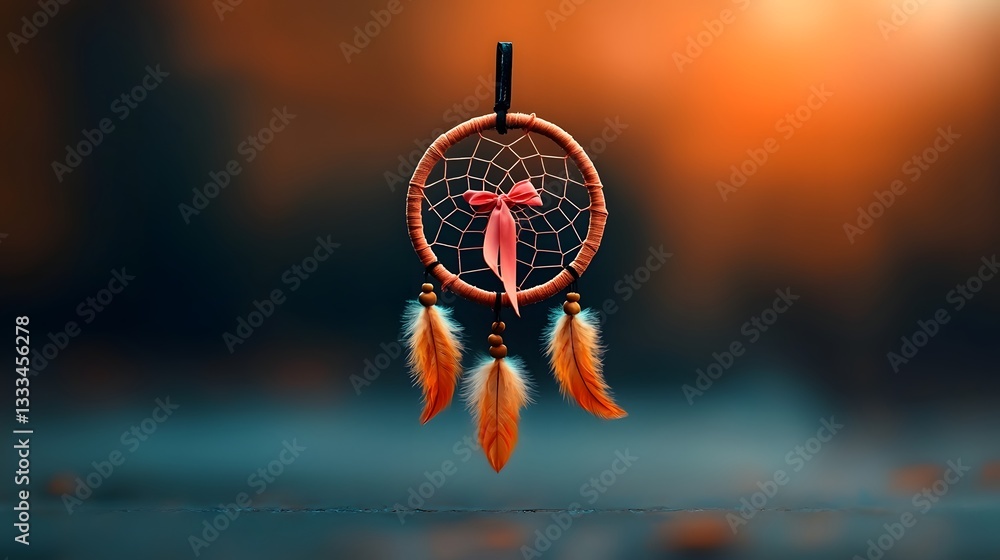 Poster ethereal dreamcatcher with a delicate pink ribbon symbolizing the balance of strength and fragility 