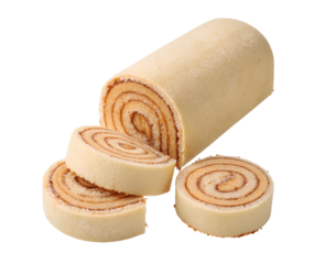 Brazilian Bolo de Rolo cake, spiral-layered guava roll cake, realistic texture, detailed cutout, professional-quality, isolated on white transparent background, ideal for digital media or marketing