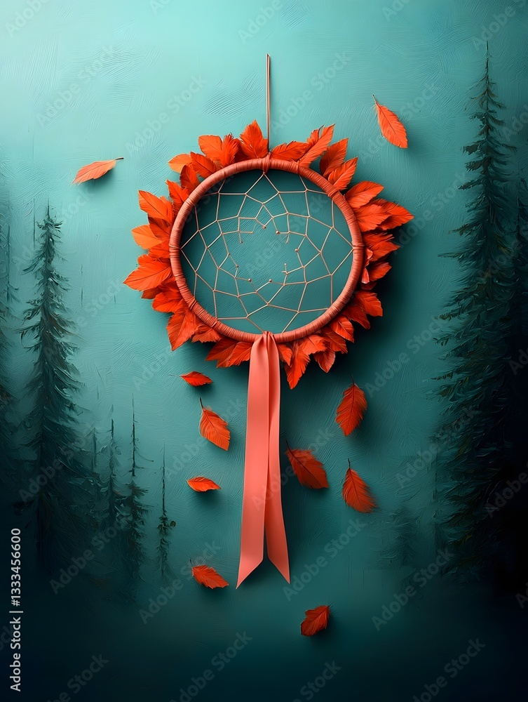 Poster ethereal dreamcatcher with flowing pink ribbon a symbol of the connection between the physical and s