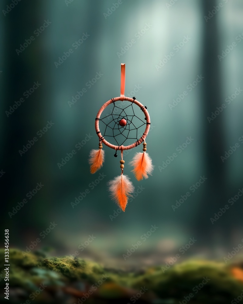 Poster ethereal dreamcatcher with flowing pink ribbon a symbol of the connection between the physical and s