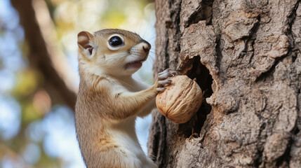 Obraz premium A little squirrel holds a nut near the tree trunk, preparing to stash it away