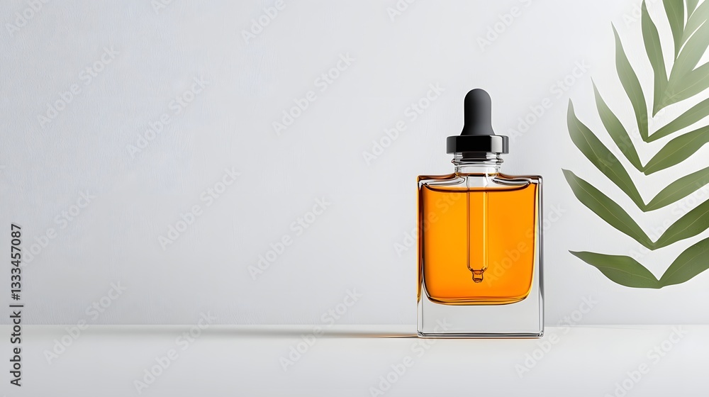 Poster exquisite amber glass dropper bottle with ornate flourishes thoughtfully arranged on a clean white s