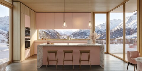 Modern kitchen design with views of snowy mountain landscapes outside