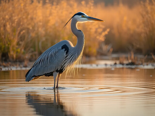 Obraz premium Graceful Great Blue Heron in Serene Wetland at Golden Sunset