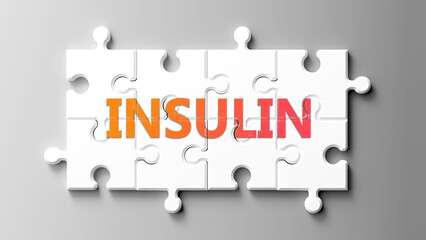 Insulin complex like a puzzle - pictured as word insulin on a puzzle pieces to show that insulin is complex and needs cooperating pieces that fit together. ,3d illustration