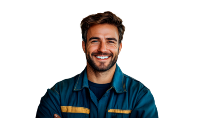 Smiling male mechanic in blue uniform isolated on transparent background