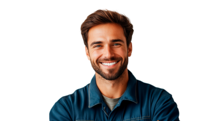 Smiling male mechanic in blue uniform isolated on transparent background