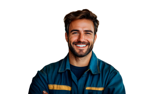 Smiling male mechanic in blue uniform isolated on transparent background - Powered by Adobe
