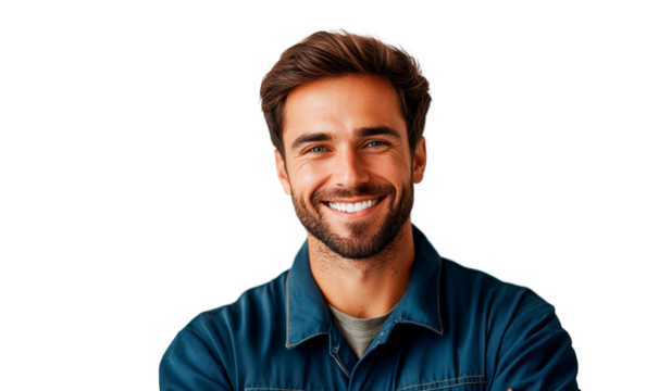 Smiling male mechanic in blue uniform isolated on transparent background