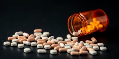 Empty pill bottle, scattered pills on dark surface, rehab, addiction treatment