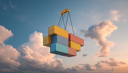 Crane Lifts Cargo Containers for Sunset Sky.
