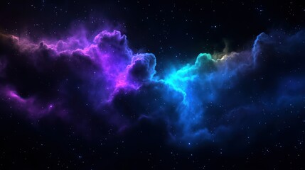 Fototapeta premium Celestial Symphony: A breathtaking panoramic view of a vibrant nebula, painted with stunning hues of purple, blue, and gold, set against a backdrop of a star-studded night sky.