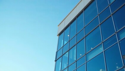 Fototapeta premium Modern office building exterior with reflective glass windows against clear blue sky, building, clear sky