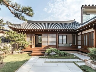 Naklejka premium Traditional asian architectural structure with a tiled roof and garden