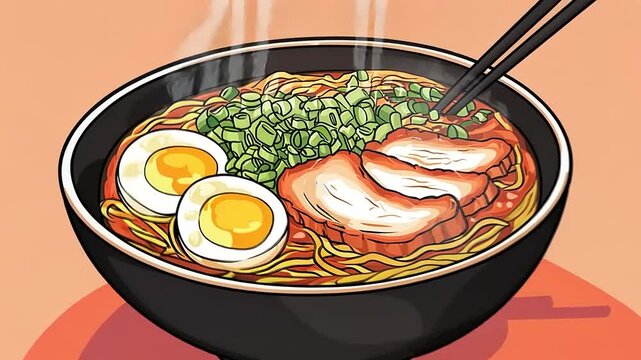 A steaming bowl of Japanese ramen noodles with sliced pork, eggs, and scallions.