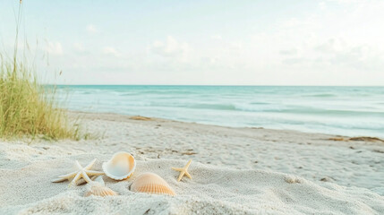 Obraz premium Serene Coastal Scene Seashells and Starfish on Sandy Beach Perfect for Travel and Vacation Themes