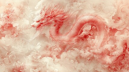 Elegant Red Dragon Surrounded by Dreamy Clouds in Ethereal Fantasy Landscape