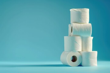 Detailed Visual  of Toilet Paper Rolls Stacked Against Blue Background