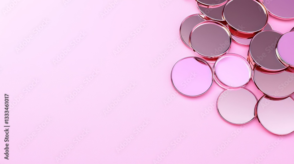 Poster abstract coin array: a delicate arrangement of shimmering, circular coins in varying shades of pink 