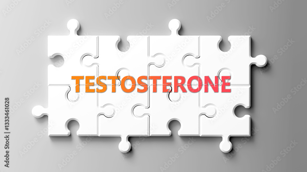 Poster Testosterone complex like a puzzle - pictured as word testosterone on a puzzle pieces to show that testosterone is complex and needs cooperating pieces that fit together. ,3d illustration