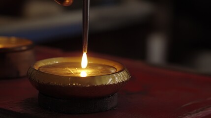 A close-up of golden molten metal being poured into a jewelry mold, set against a deep red background.