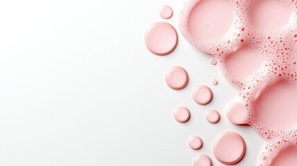 Droplet Elegance: Soft pink liquid artfully cascades across a pristine surface, forming an abstract display of delicate textures and captivating patterns, perfect for cosmetic or beauty applications.