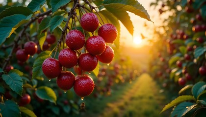Close-up view of glistening, red cherries hanging from branches in a vibrant orchard at sunrise.