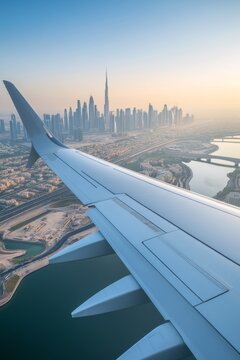 Fototapeta Dubai Skyline Seen From Airplane Wing at Sunrise
