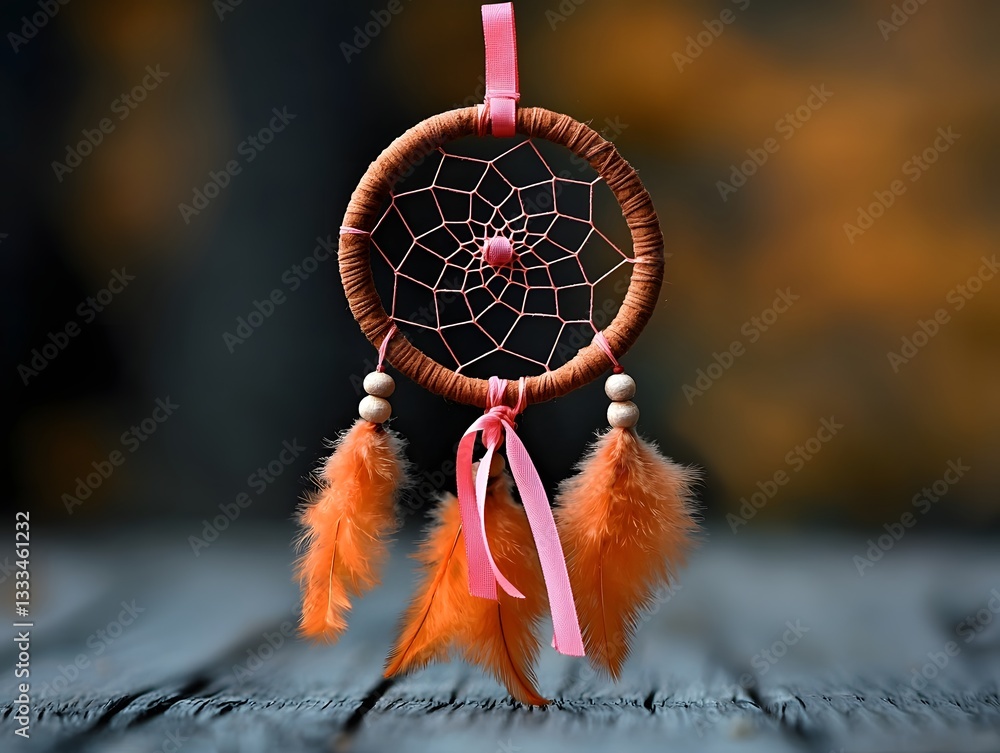 Poster handcrafted dreamcatcher with a delicate pink ribbon symbolizing a journey towards balance harmony a