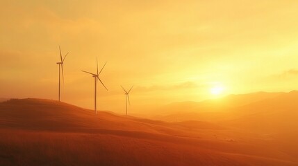 Obraz premium Picturesque Wind Farm on Rolling Hills at Sunset with Blades Turning