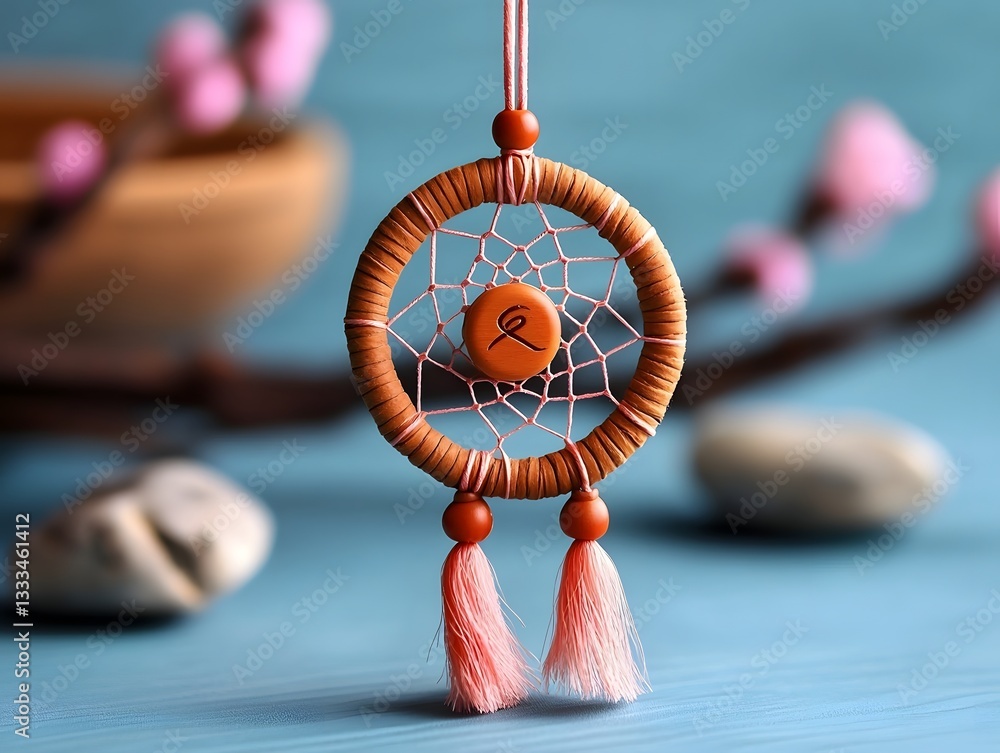 Poster Handcrafted dreamcatcher with a gentle pink ribbon representing the journey towards balance and well being  Featuring intricate patterning tactile materials and wispy accents creating an ethereal