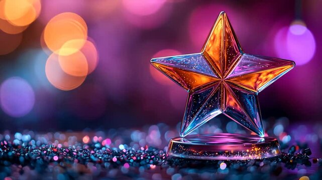 Award star on colorful bokeh background, possible use for achievement or recognition
