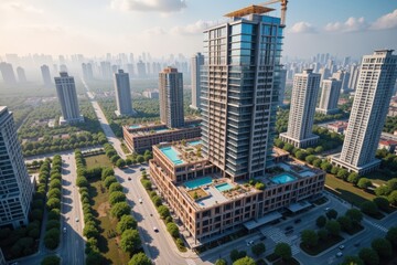 Fototapeta premium Aerial View of Modern High-Rise Residential Building Surrounded by Urban Skyline and Lush Green Landscaping in a Bustling Cityscape
