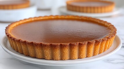 Baked tart dessert with shiny caramel surface on a plate