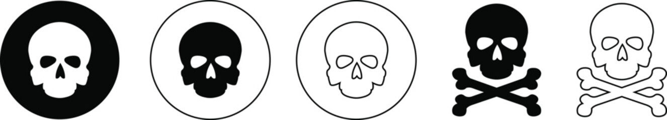 Skull crossbone pirate icon set logo Halloween ghost graphic danger anatomy symbol Silhouette. Cartoon skull death flat and line vector collection isolated on transparent background for apps and game