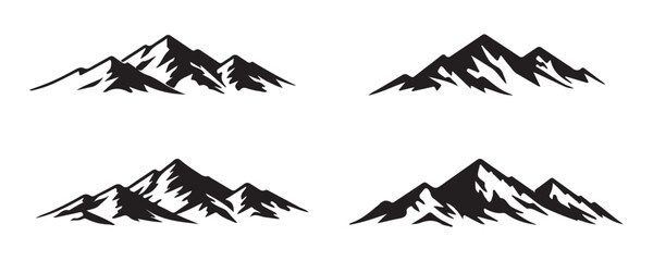 Vector set of mountains icons with hiking, traveling and camping symbols. Minimalist design with beautiful peaks.