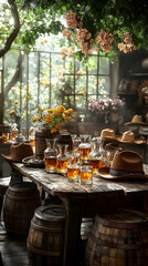 Fototapeta premium Whiskey Glasses On Rustic Wooden Table In A Garden Room