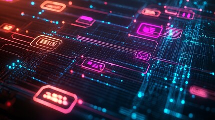 Fototapeta premium Modern abstract technology background glowing AI chat nodes structured communication lines and a visually rich three dimensional data mesh concept