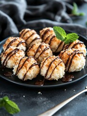 Coconut Macaroons with Chocolate Drizzle and Mint Garnish on Plate