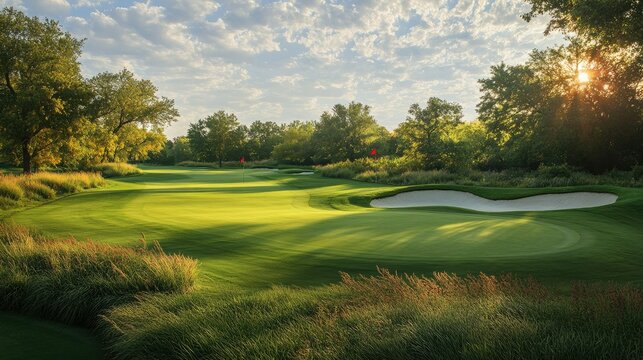 A luxurious golf course with rolling fairways, a sand bunker, and a bright red flag waving on a perfectly groomed green