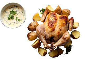 a whole roasted chicken, diced potatoes, and a cream sauce