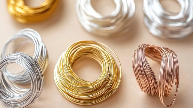 A detailed view of various gold and silver soldering wires arranged on a light beige background.