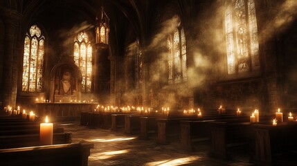 Obraz premium Dimly Lit Church with Burning Candles Creating a Peaceful Ambiance