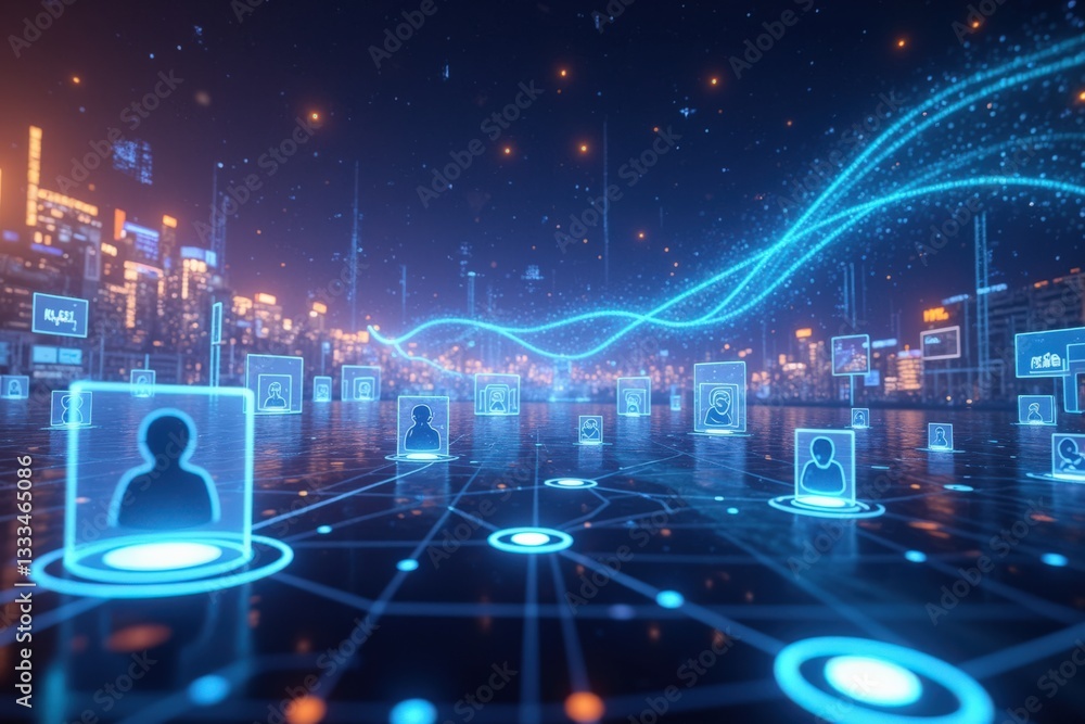 Poster futuristic digital network visualization with user icons and data connections in a vibrant cityscape