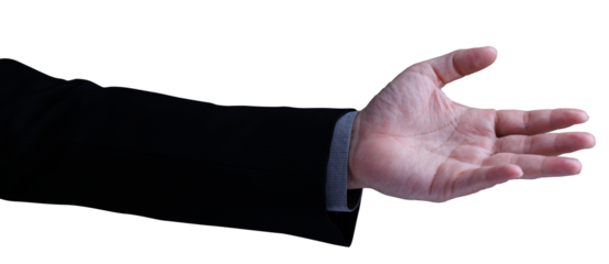 Businessman man hand reach out with palm open up ready for help, negotiation or agreement. Helping hand concept. Isolated in transparent background.