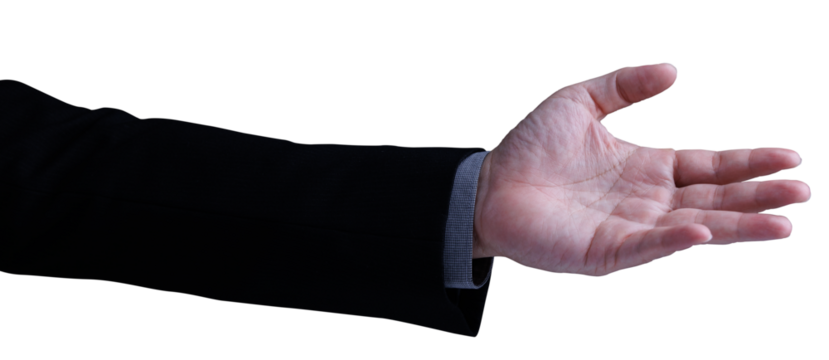 Businessman man hand reach out with palm open up ready for help, negotiation or agreement. Helping hand concept. Isolated in transparent background.