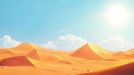 A mesmerizing desert view featuring undulating sand dunes glowing under the midday sun, with a few wispy clouds dotting the sky