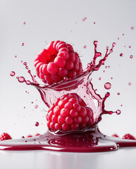 Vibrant raspberries with fresh raspberry juice splashing on a white background in clear high definition food photography focusing on freshness  Stock Photo Image Fruits Presentation